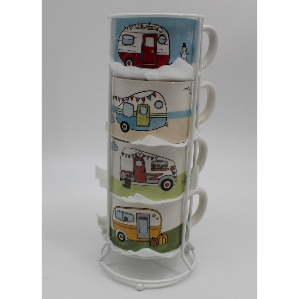 Vintage Camper Ceramic Mug Set of 4 Stackable w/Rack Novelty Camping Travel